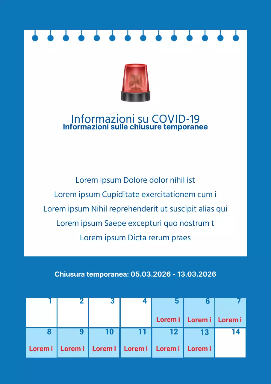 Annunci di chiusura temporanea con illustrazione del calendario blu e della sirena