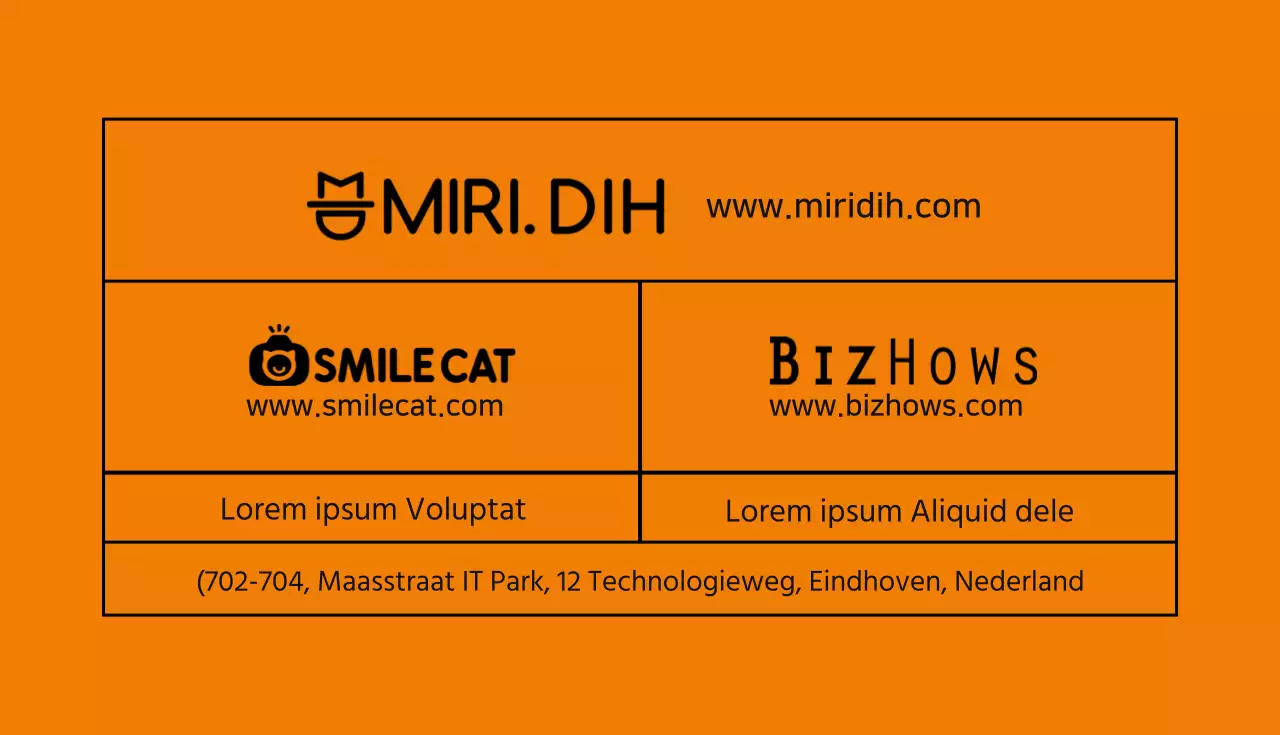Designer visitekaartje met een eenvoudig ontwerp met oranje en zwarte tekst en lijnen