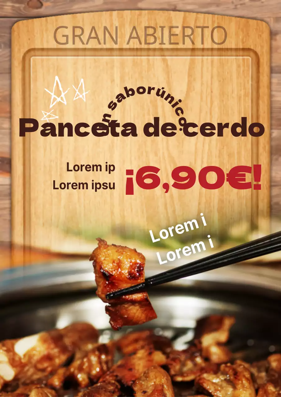 Promocionar el menú de un asador de concepto vintage con tablas de cortar marrones y fotos de filetes.