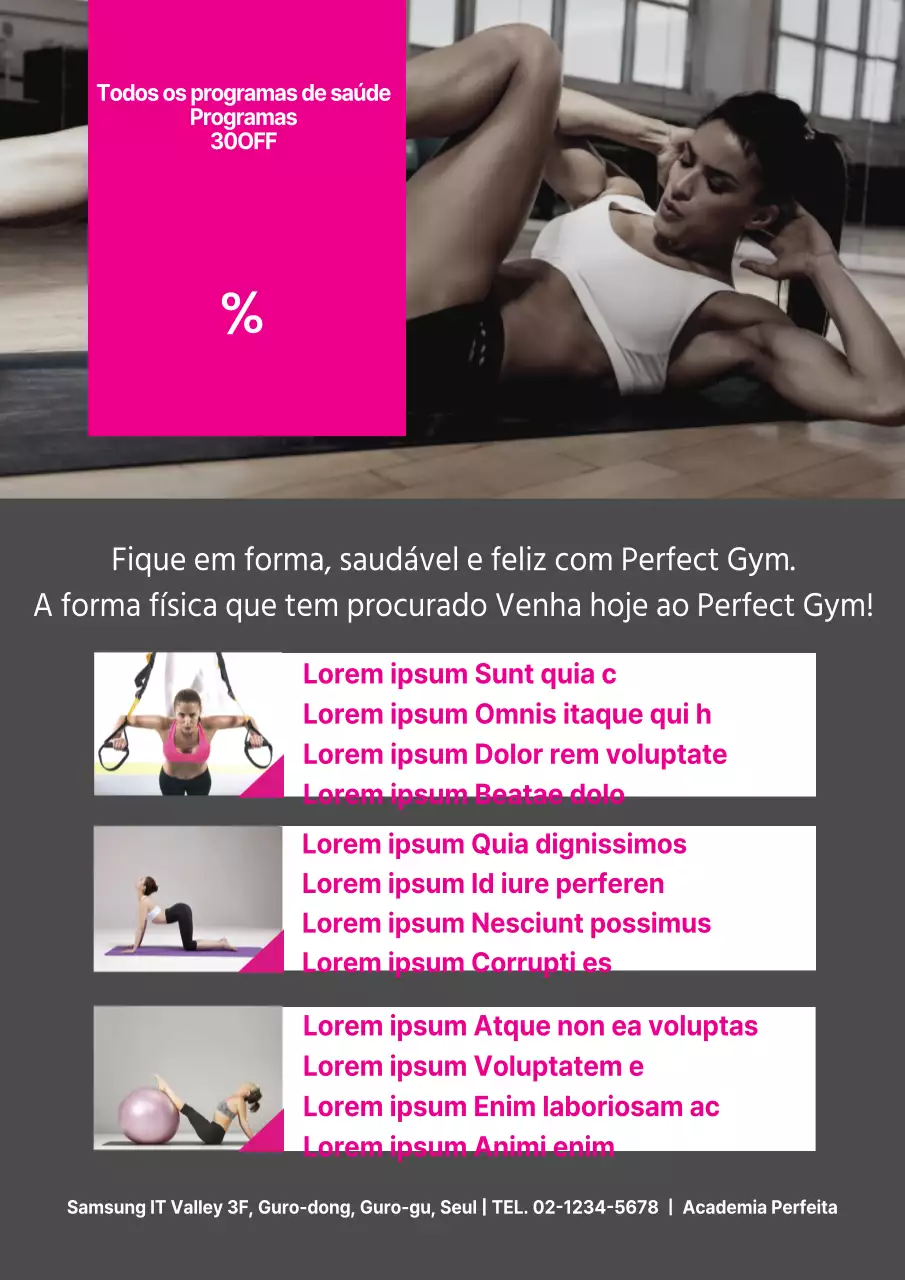 Folheto de promoção de um programa de ginástica em cinzento e cor-de-rosa