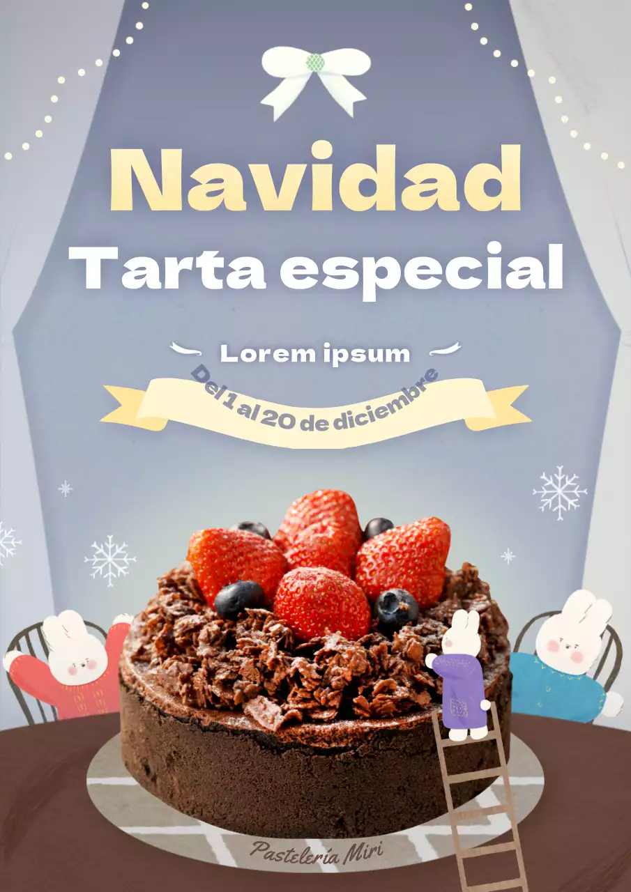 Reserve una tarta de Navidad con simpáticas ilustraciones de conejitos en un fresco azul grisáceo y rosa