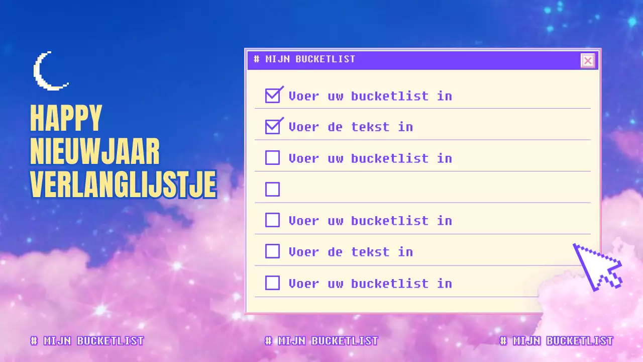 Een dromerige paars-roze-blauwe nieuwjaars bucketlist