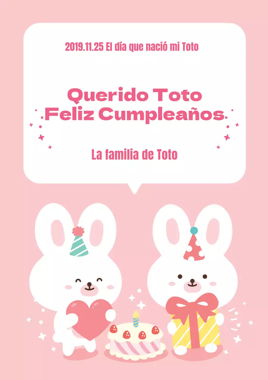 Simpática celebración con un conejito celebrando una fiesta de cumpleaños rosa