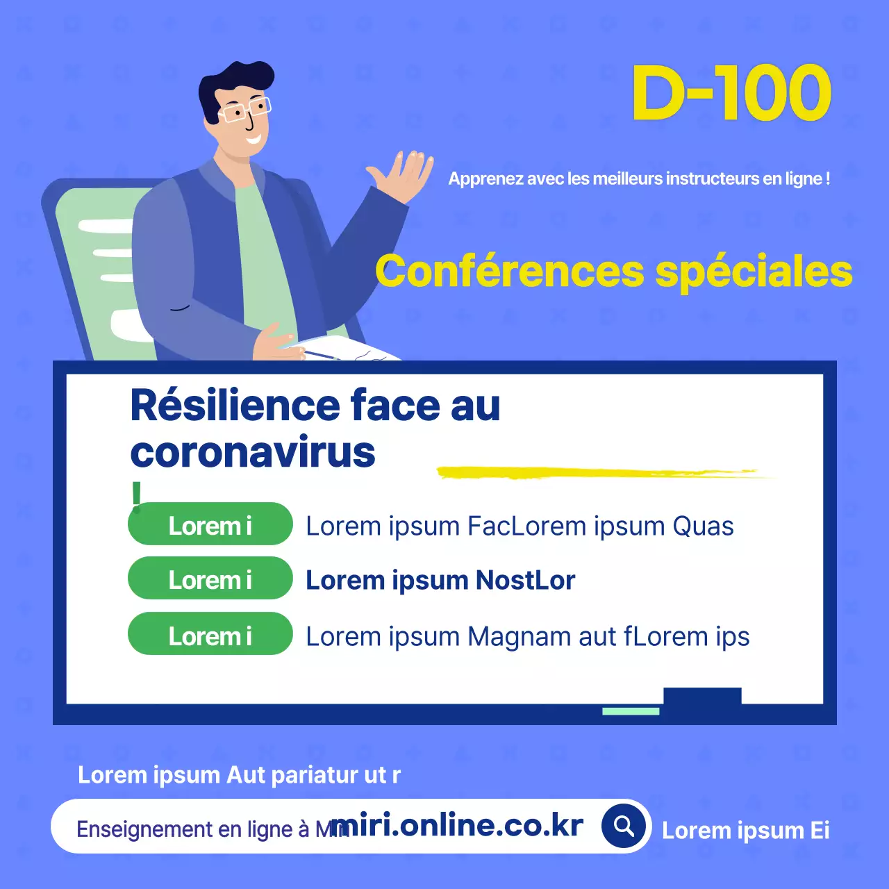 Annonce d'un cours de formation en ligne sur le coronavirus propre, bleu et jaune