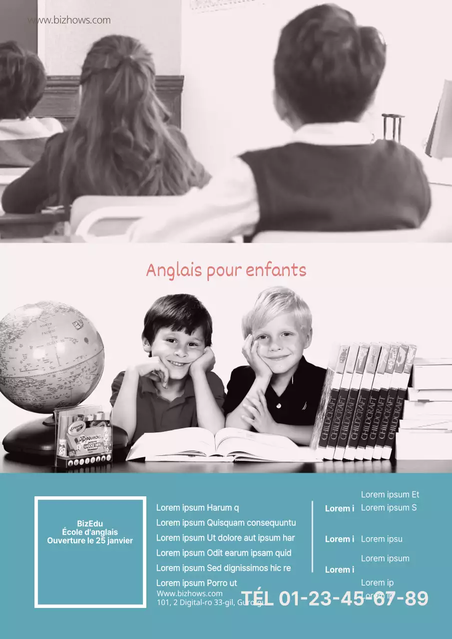 Matériel promotionnel d'une école de langue anglaise avec une photo en noir et blanc d'un enfant en turquoise.