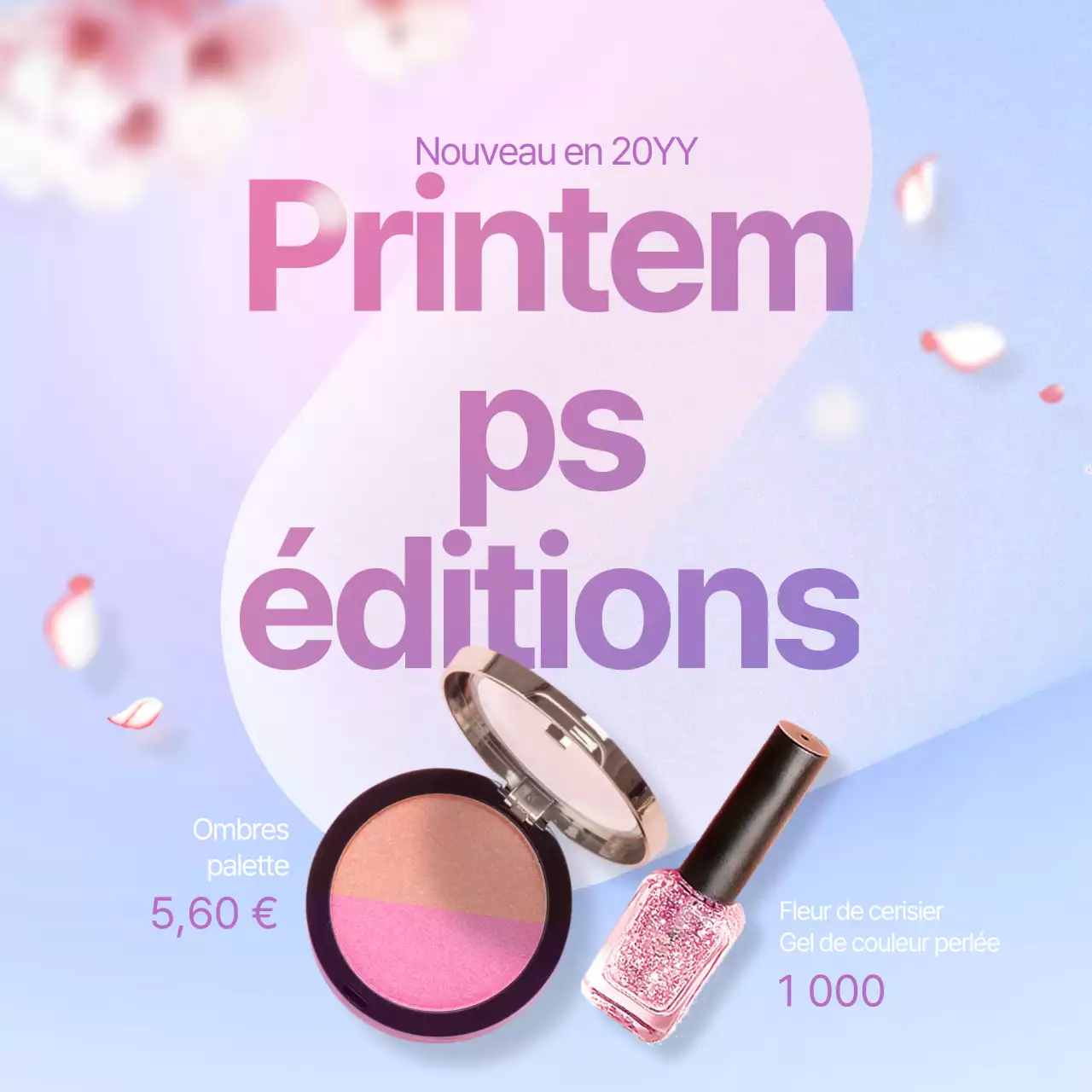 Cosmétiques avec pétales volant sur fond de fleurs de cerisier Bannière d'événement violet lié à la beauté