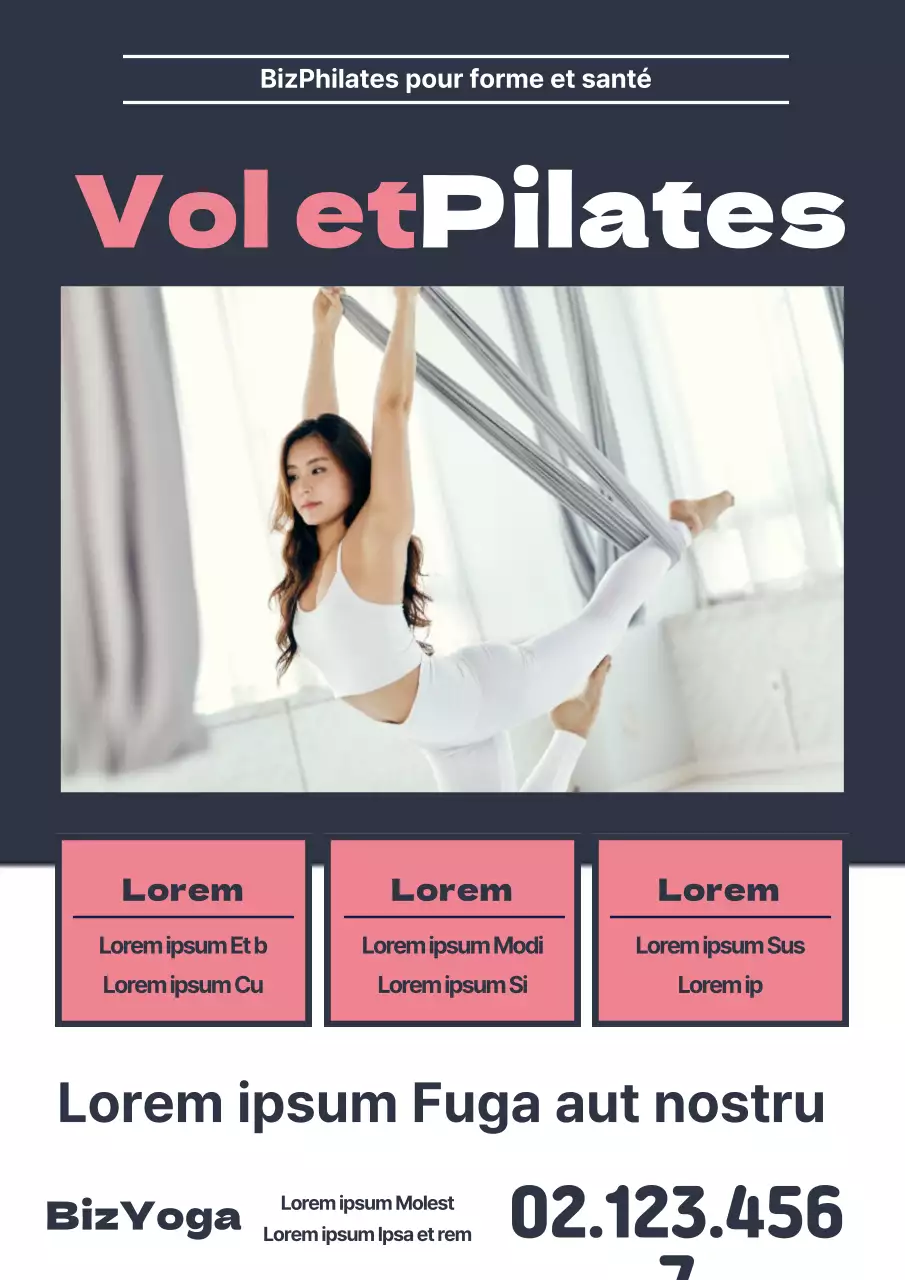 Promotion propre d'une école de Pilates avec une photo d'une femme faisant du yoga volant en bleu marine et rose.