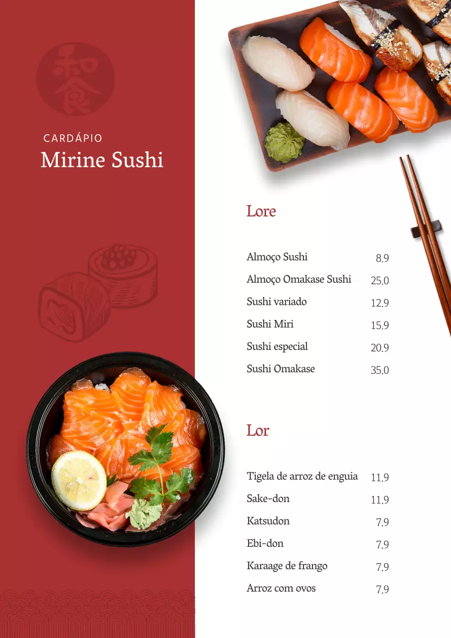 Cartaz vertical vermelho e branco de um menu de sushi