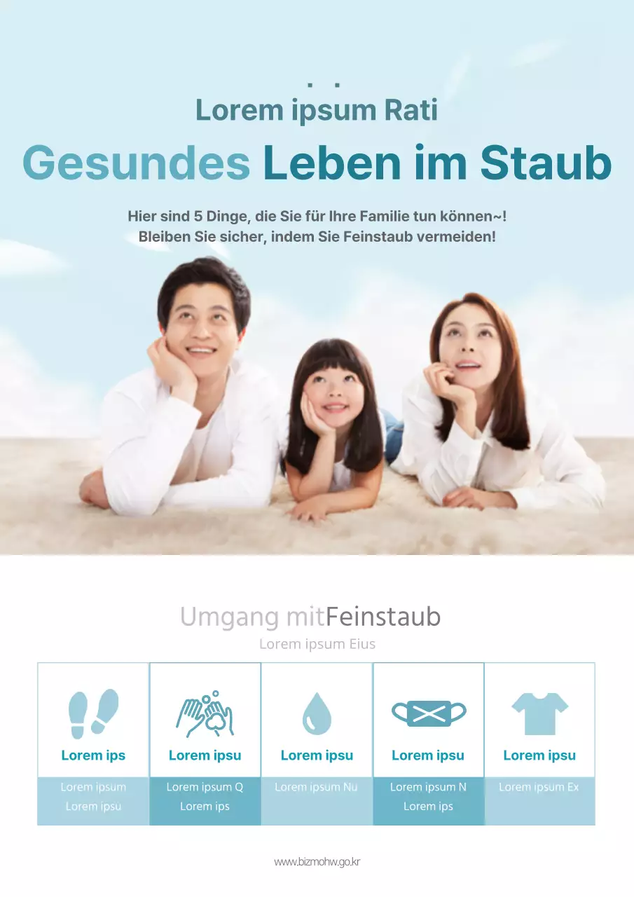Ein einfaches, hellblaues Flugblatt für eine Kampagne zur Vermeidung von Feinstaub.