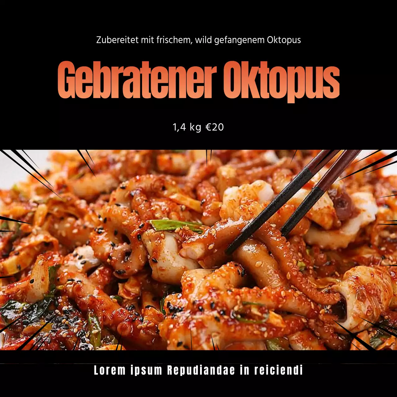 Octopus stir-fry Menü Social Media Quadrat mit schwarzem Hintergrund