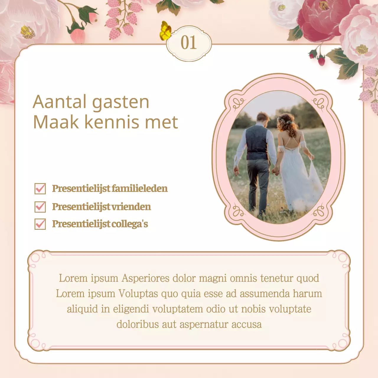 Een checklist voor trouwlocaties met roze en beige lentebloemenillustraties