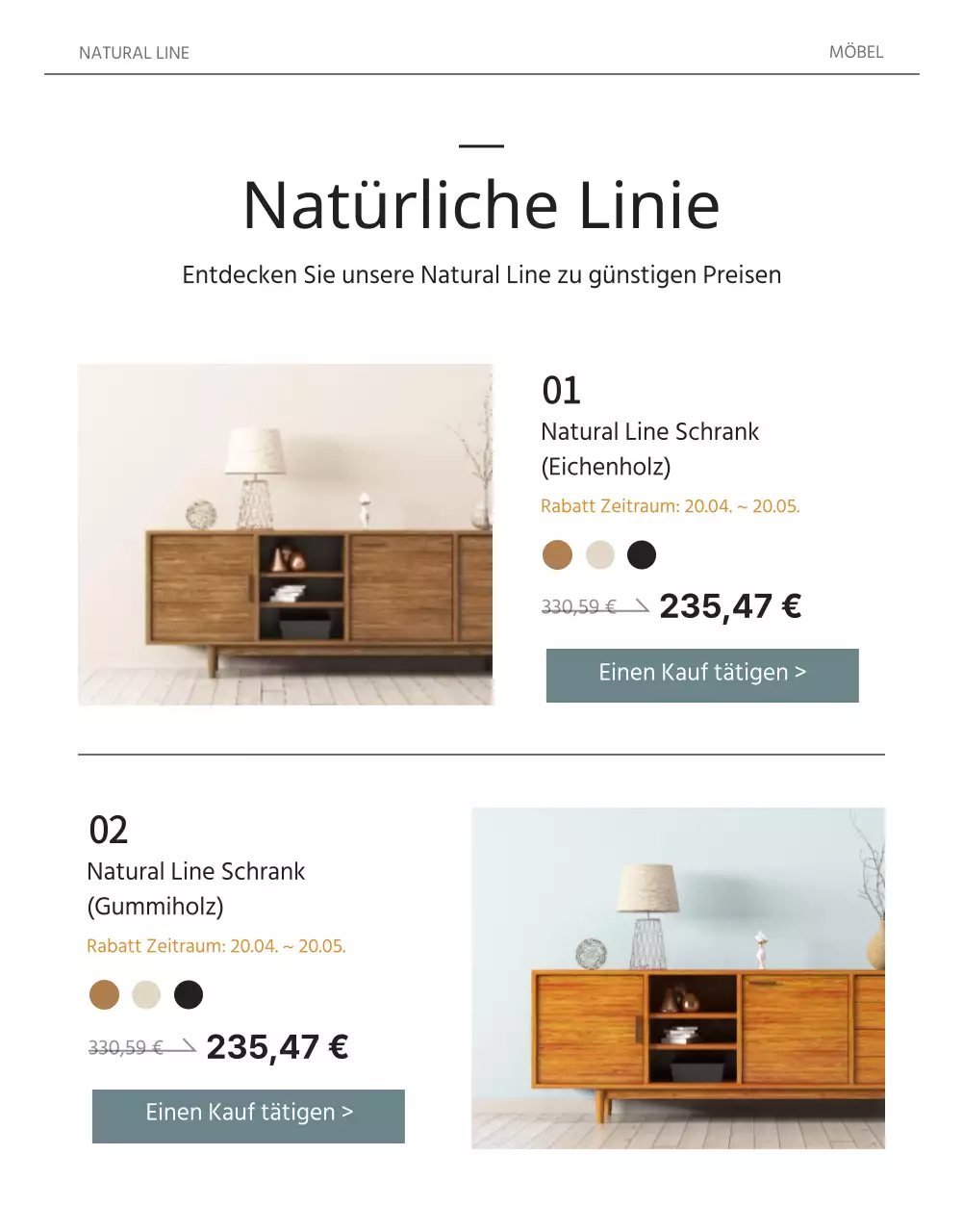 Magazinkonzept in Weiß und Hellblau zur Bewerbung von Massivholzmöbeln