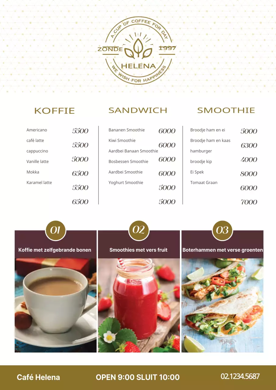 Cafe drank menu met bruin gekleurde foto's en menu kenmerken