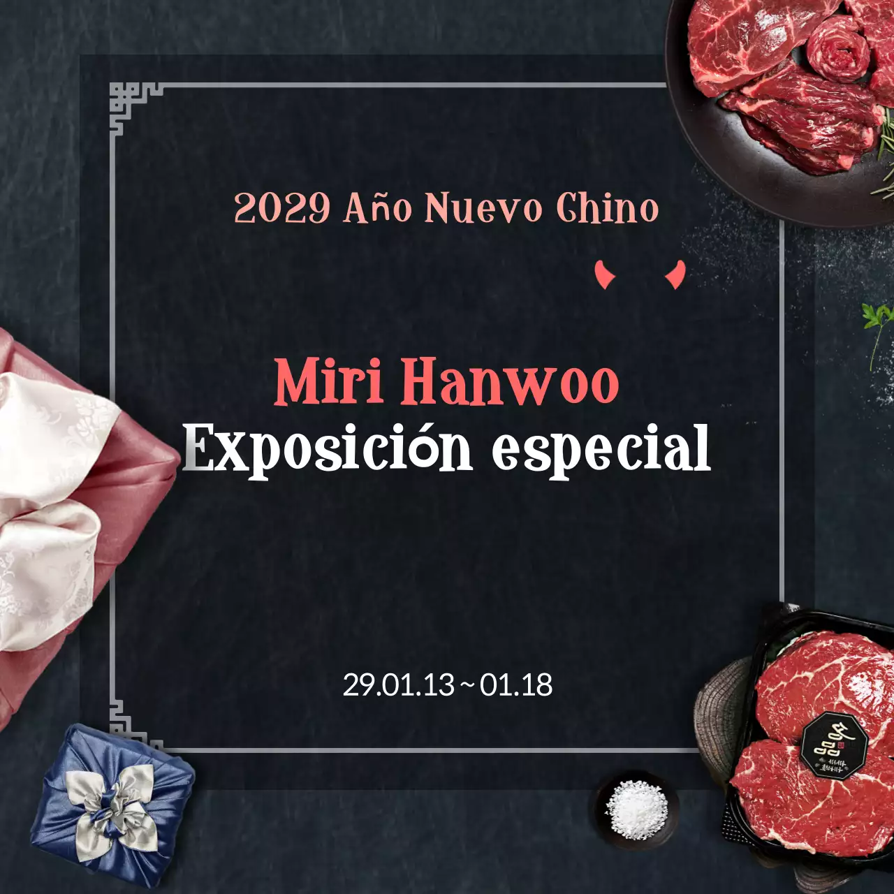 Evento de Año Nuevo de carne de vacuno en negro y rojo