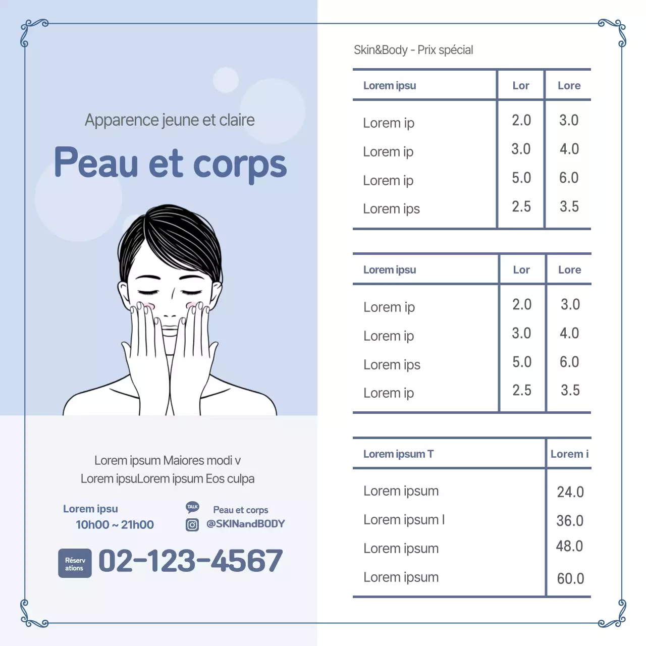 Illustration bleu ciel, bannière carrée simple pour les soins de la peau