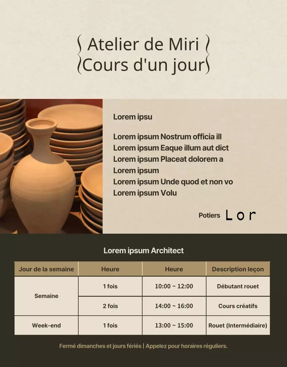 Cours de céramique d'une journée avec beaucoup de cadres photo beiges