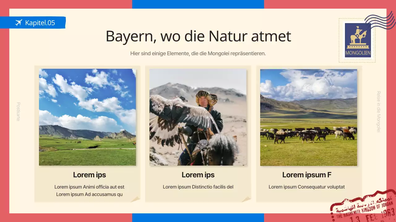 Ein Führer durch die Mongolei, ein Trendziel in Blau und Rot