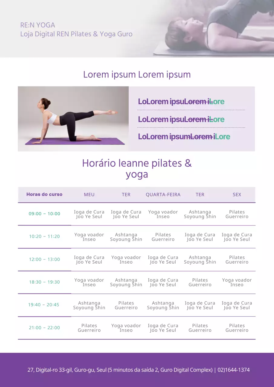 Folheto promocional elegante com horário de aulas de Pilates em roxo
