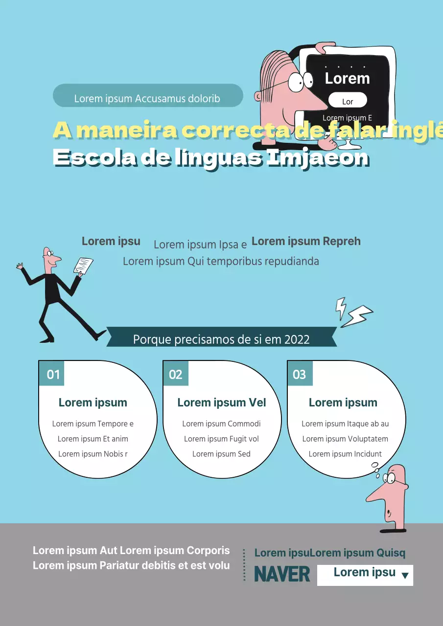 Material promocional de uma escola de inglês com uma personagem humana em azul claro e amarelo.