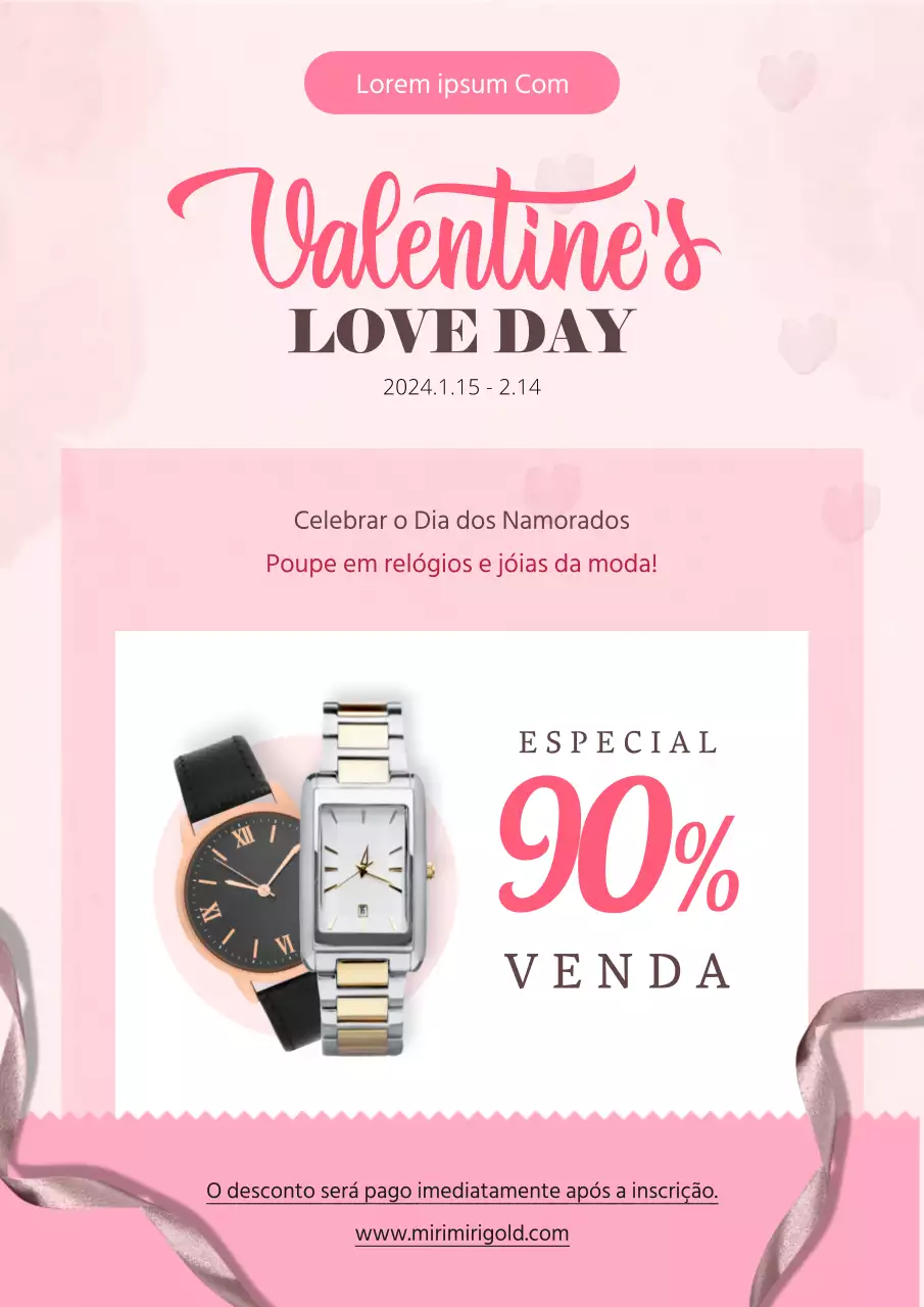 Celebração do dia dos namorados cor-de-rosa Relógio de moda Jóias Cartaz Web