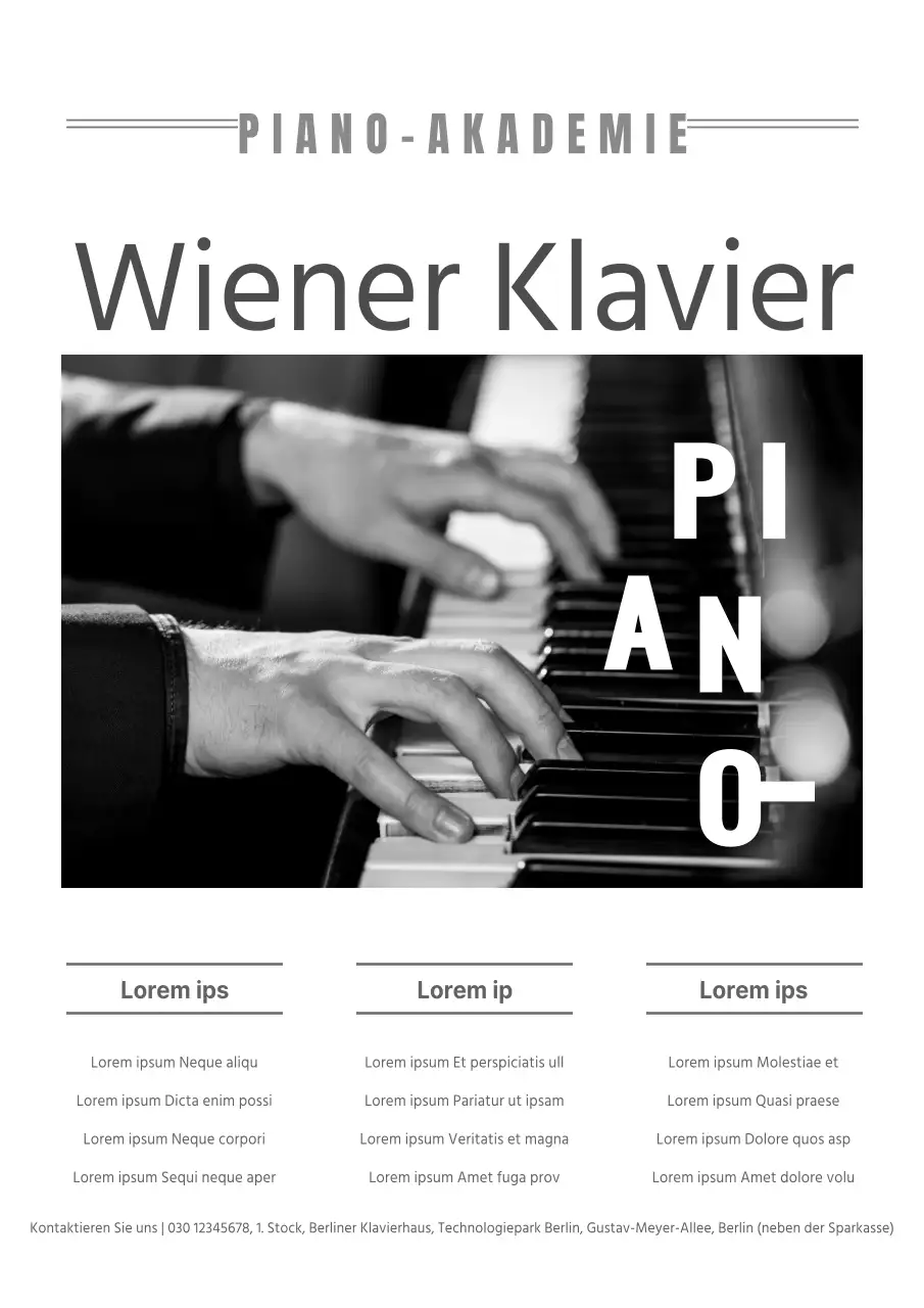 Werben Sie für eine saubere Klavierschule mit einem Schwarz-Weiß-Bild von Ihnen beim Klavierspielen