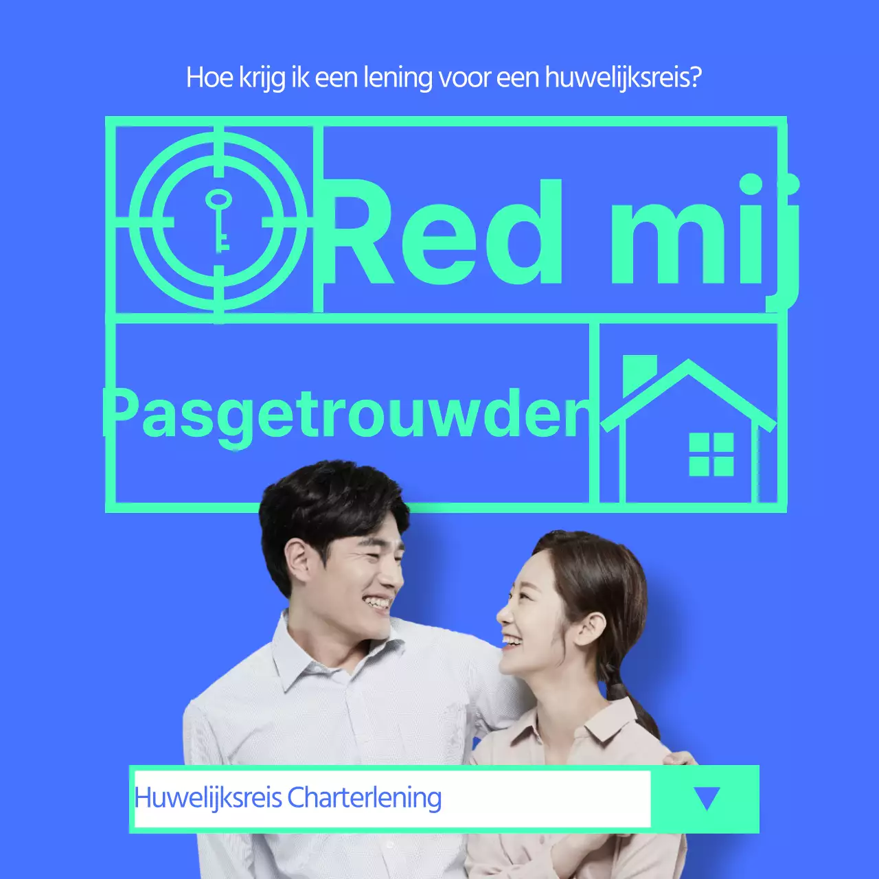 Save the date logo met blauwe achtergrond Nette banner met foto van pasgetrouwden in titel