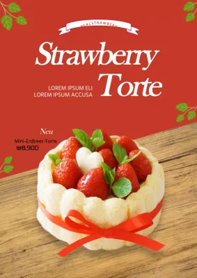 Werbung für einen neuen roten Erdbeerkuchen als Menüpunkt