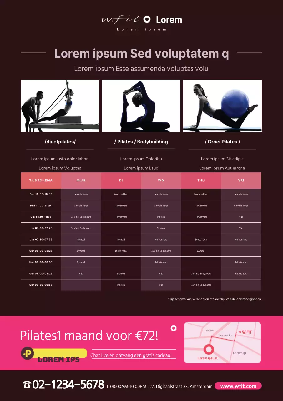 Promoot Pilates-kortingen en yogascholen met foto's van jezelf terwijl je yoga doet in het roze.