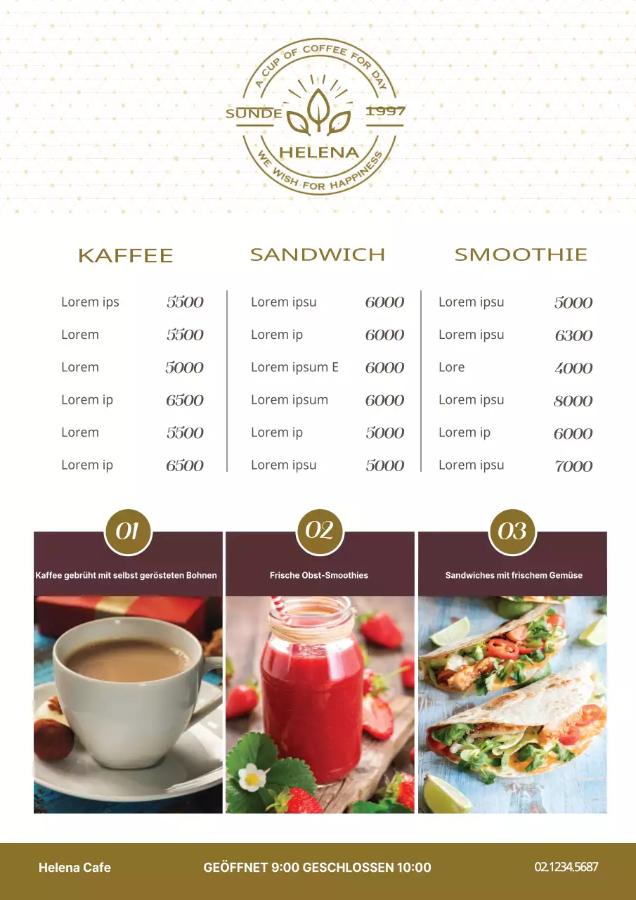 Cafe-Getränkekarte mit braunen Farbfotos und Menüpunkten