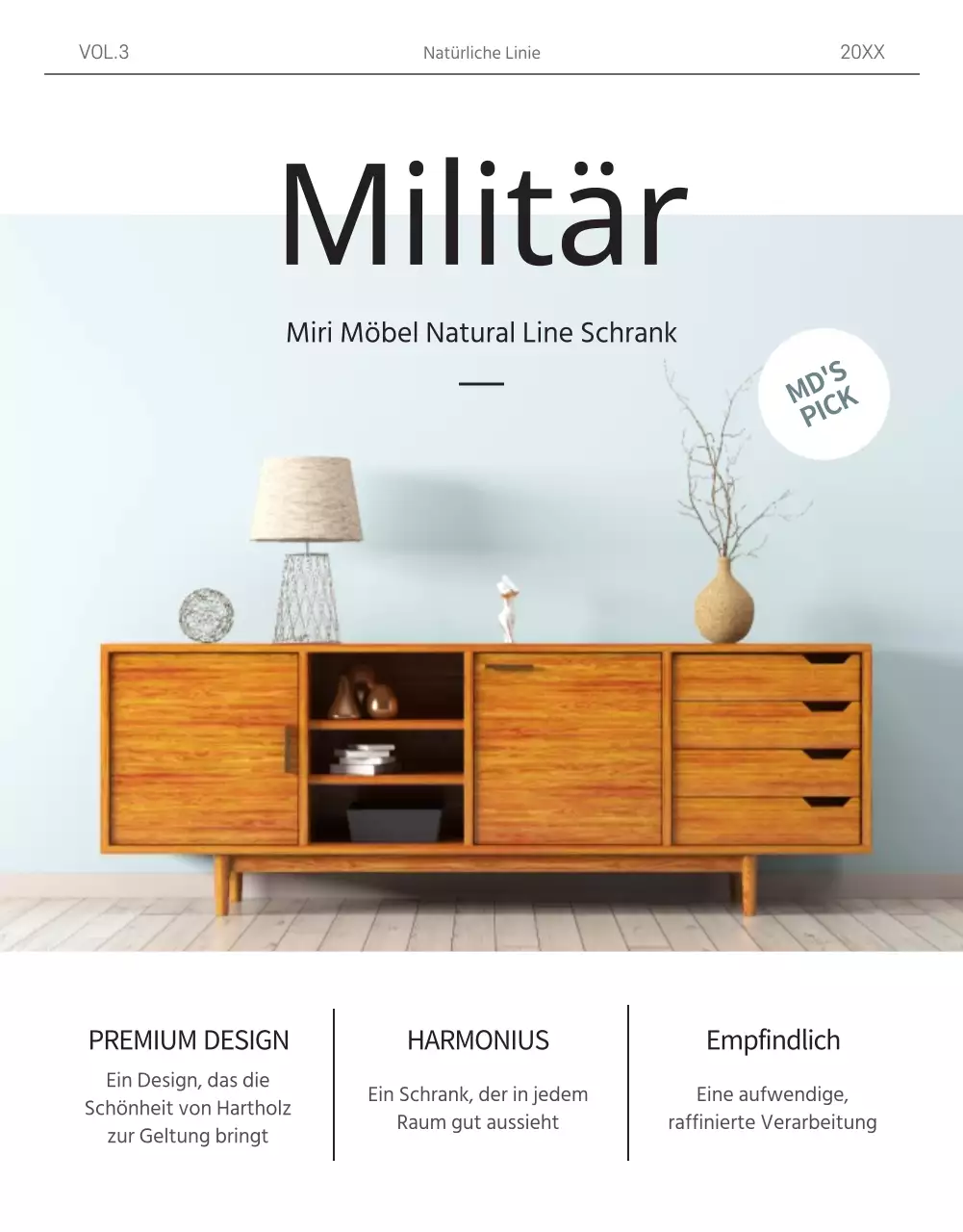 Magazinkonzept in Weiß und Hellblau zur Bewerbung von Massivholzmöbeln