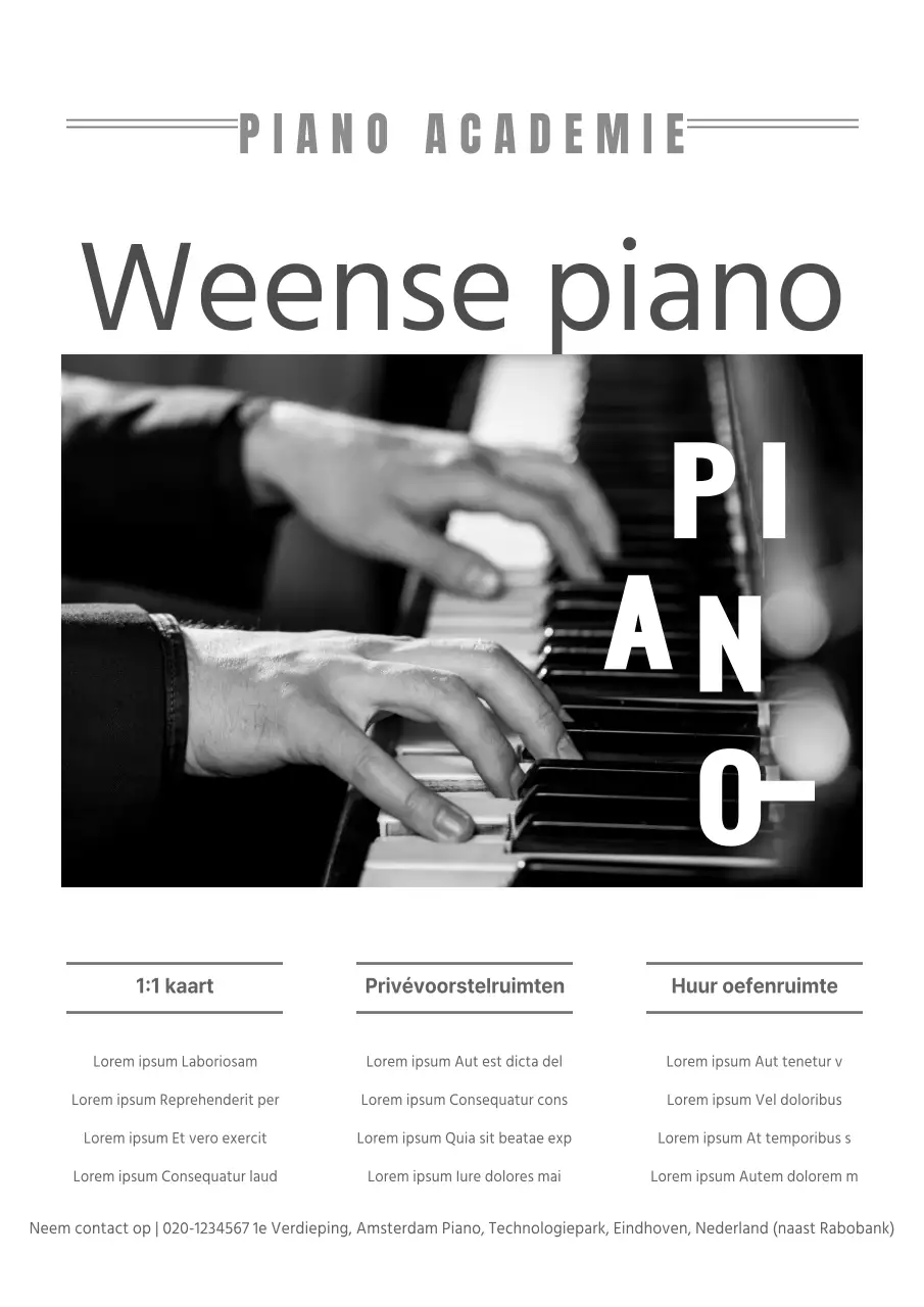 Promoot een nette pianoschool met een zwart-wit foto waarop je piano speelt