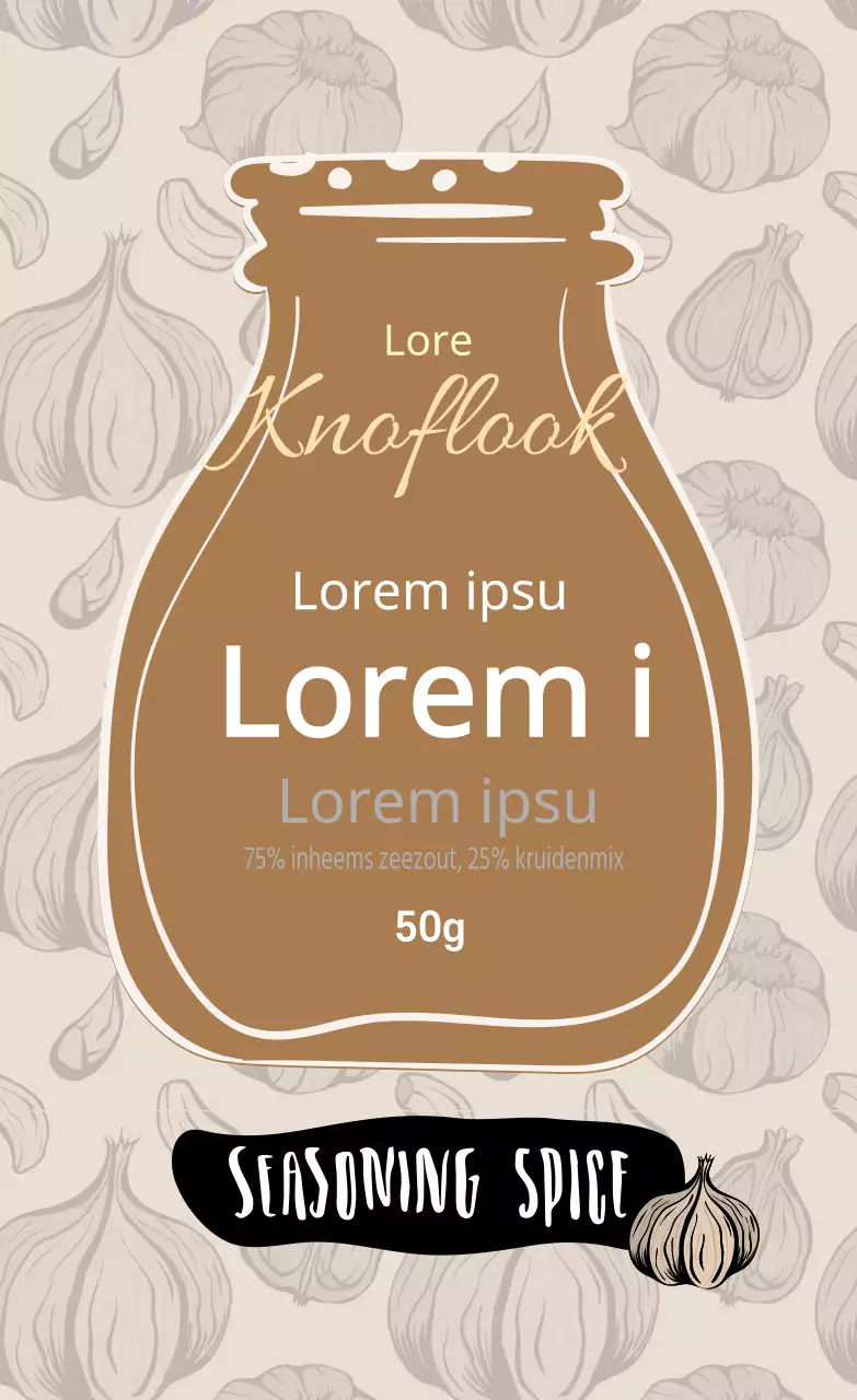 Beige illustratie patroon vintage knoflook zout voedsel label