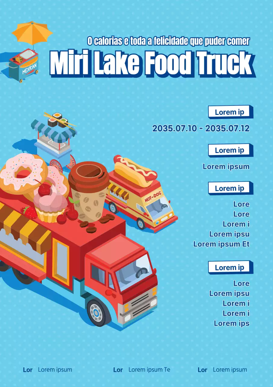 Uma ilustração engraçada com um fundo azul claro apresenta o evento de camiões de comida