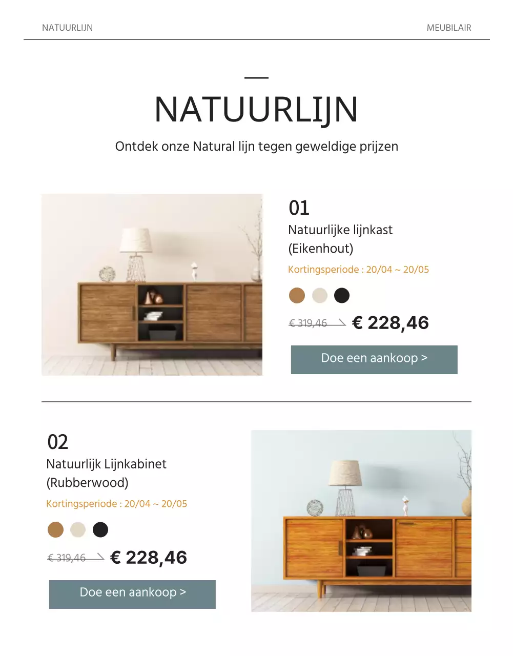 Tijdschriftenconcept in wit en lichtblauw om massief houten meubelen te promoten