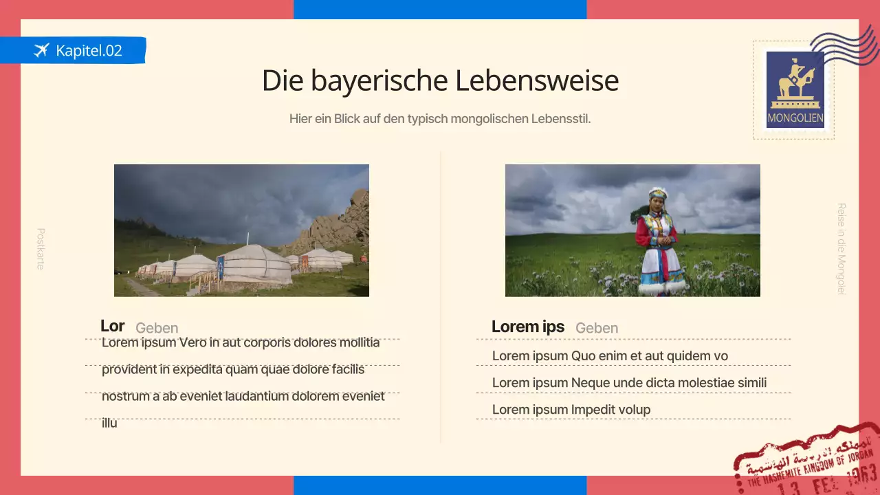 Ein Führer durch die Mongolei, ein Trendziel in Blau und Rot