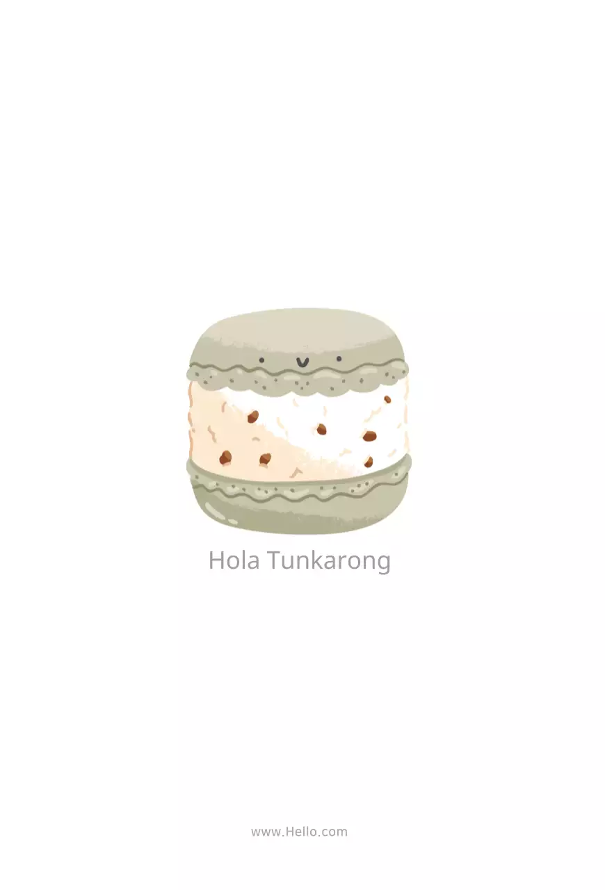 Simpática postal promocional de cafetería con personajes de macarons de vivos colores