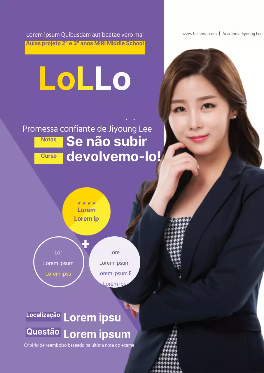 Promoção escolar simples com fotografias roxas e amarelas de alunos a estudar