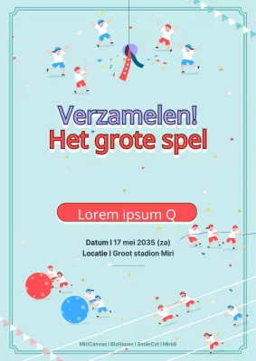 Promoot atletiekevenementen met een schattig concept met illustraties van kinderen die verschillende sporten beoefenen in het blauw.