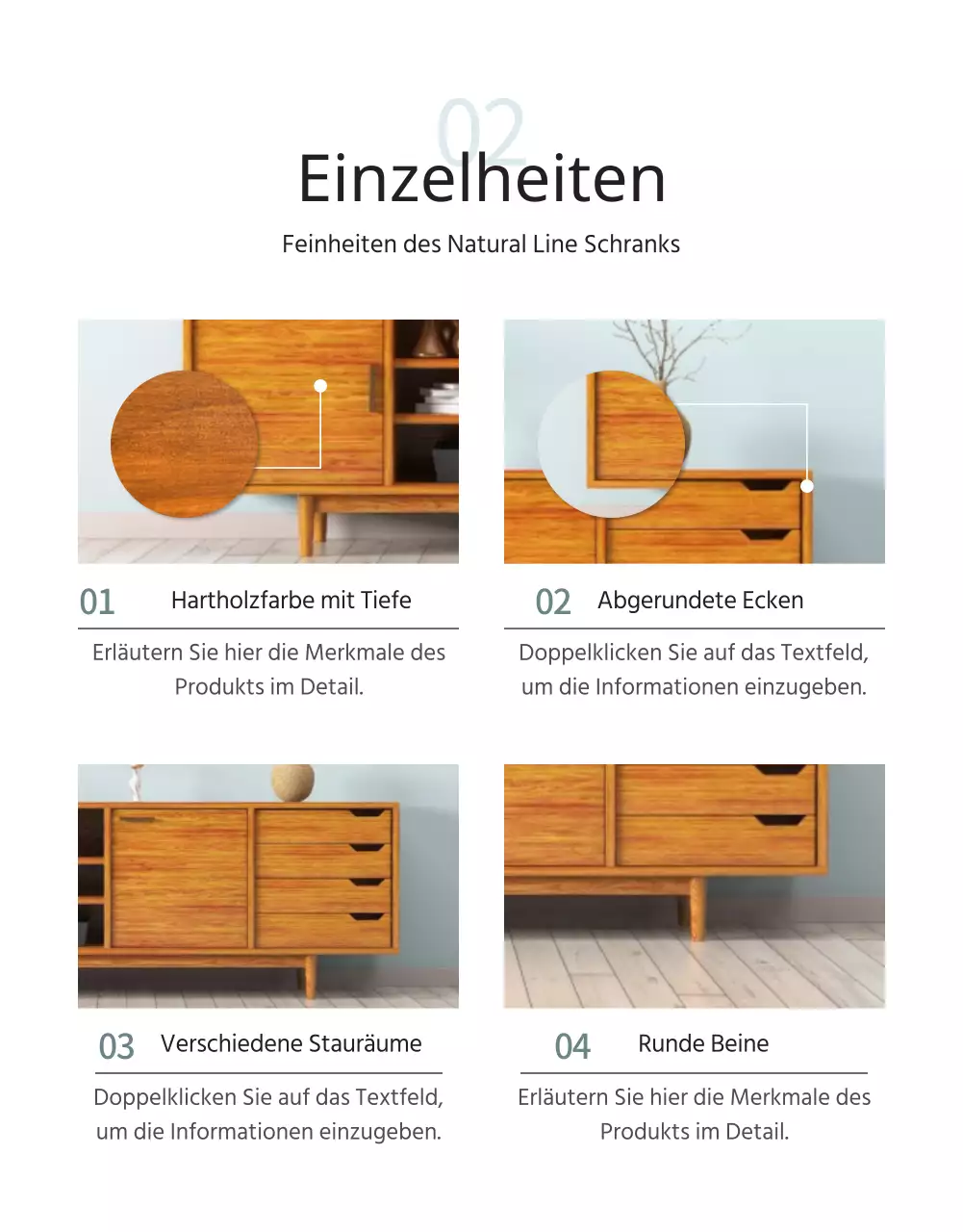 Magazinkonzept in Weiß und Hellblau zur Bewerbung von Massivholzmöbeln