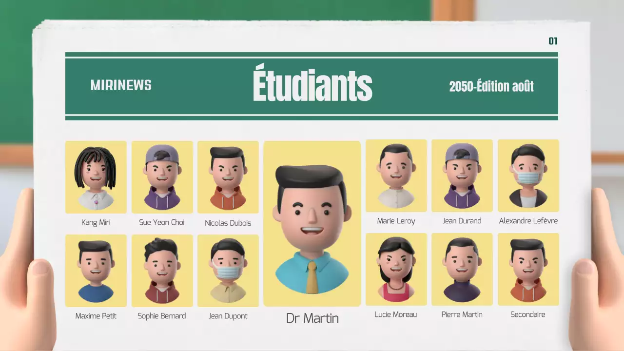 Notre journal de classe en vert et jaune, 3D stéréoscopique