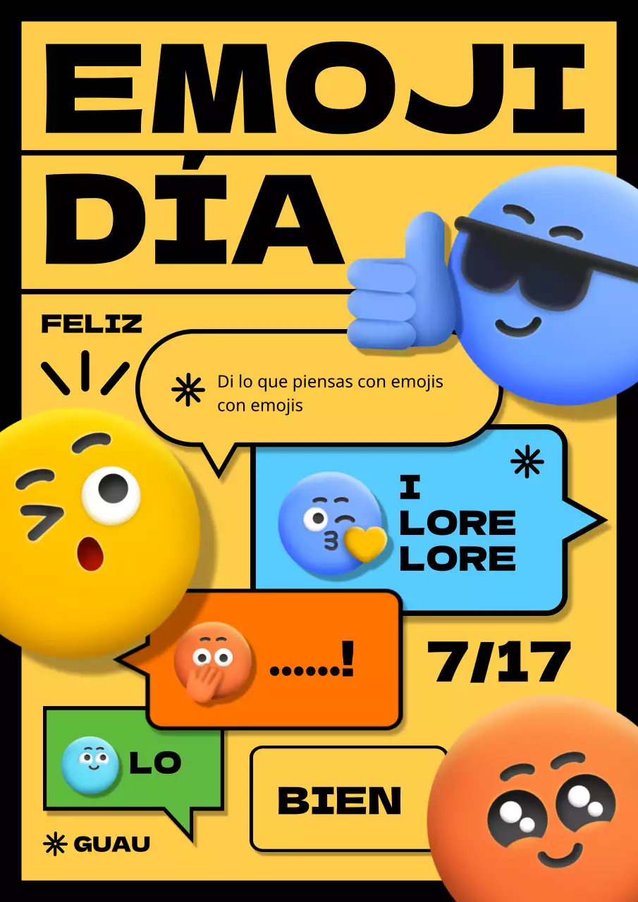 Promociona el Día Mundial del Emoji con emojis de colores sobre fondo amarillo