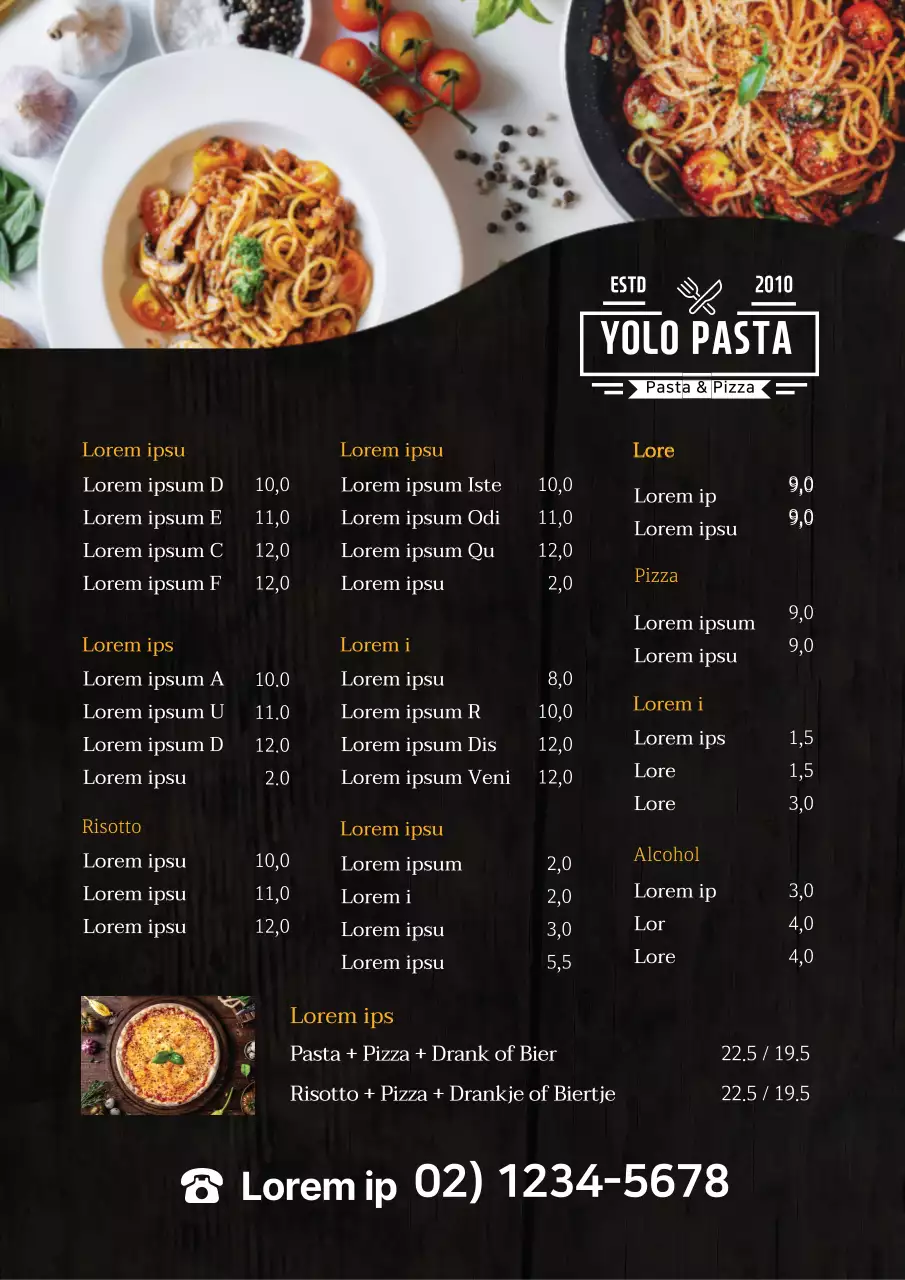 Menu in restaurantstijl met zwarte foto-accentuering