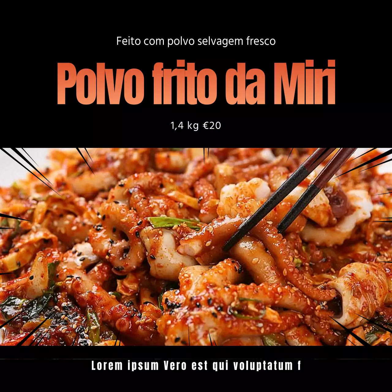 Menu de polvo frito nas redes sociais, quadrado com fundo preto