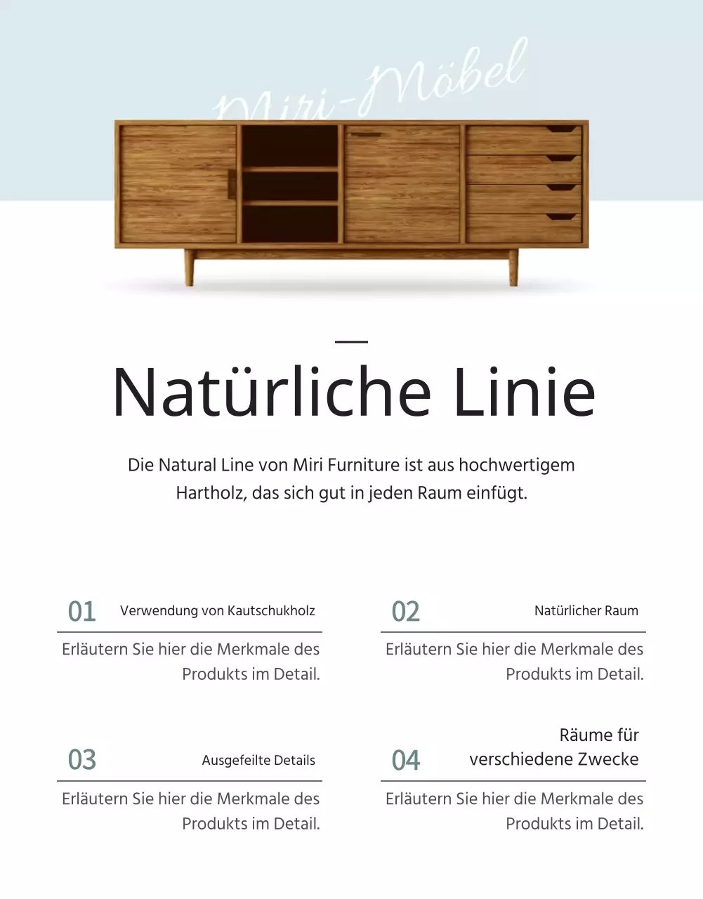 Magazinkonzept in Weiß und Hellblau zur Bewerbung von Massivholzmöbeln