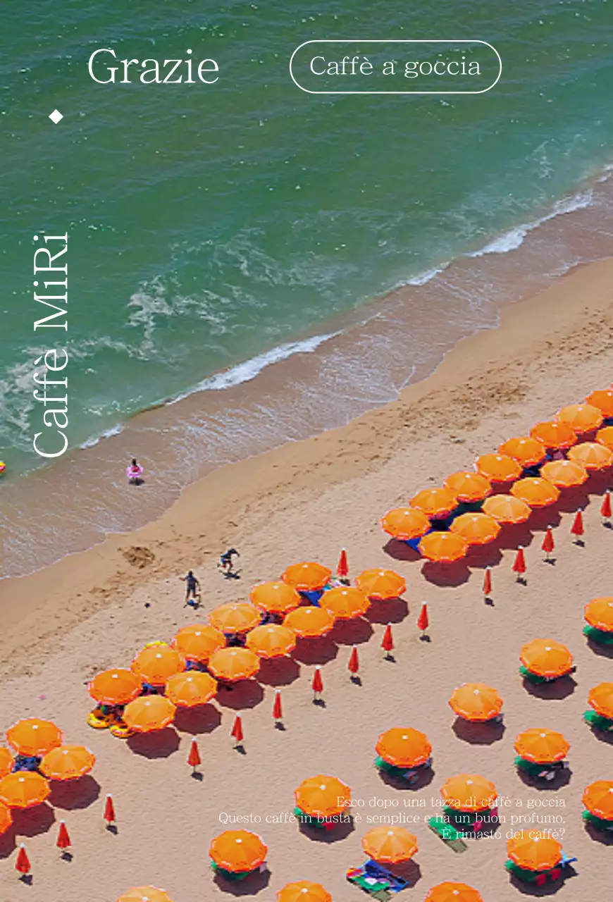 Promuovere un caffè estivo sulla spiaggia con graziosi ombrelloni arancioni