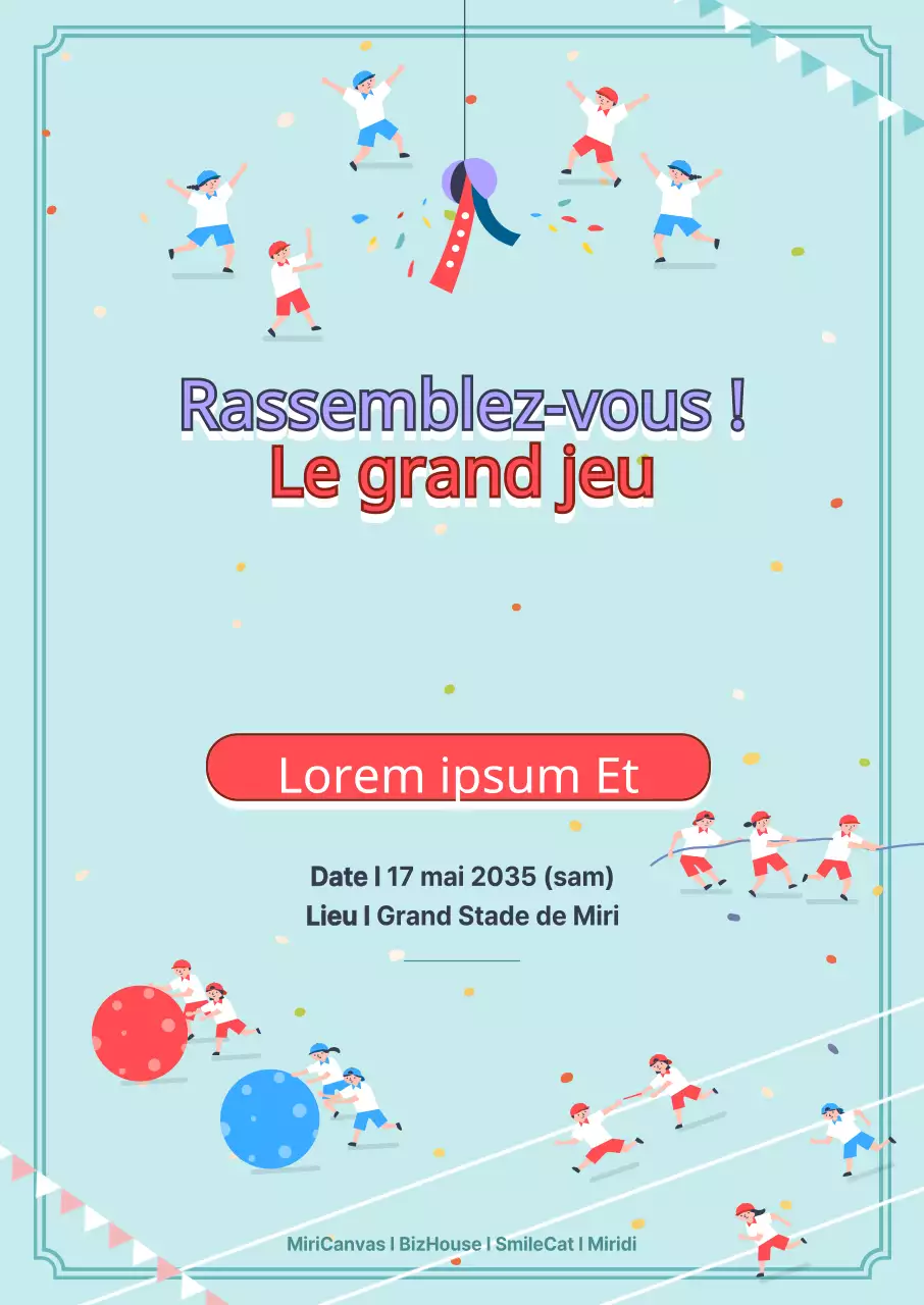 Faites la promotion d'événements sportifs avec un concept mignon présentant des illustrations d'enfants pratiquant divers sports en bleu.