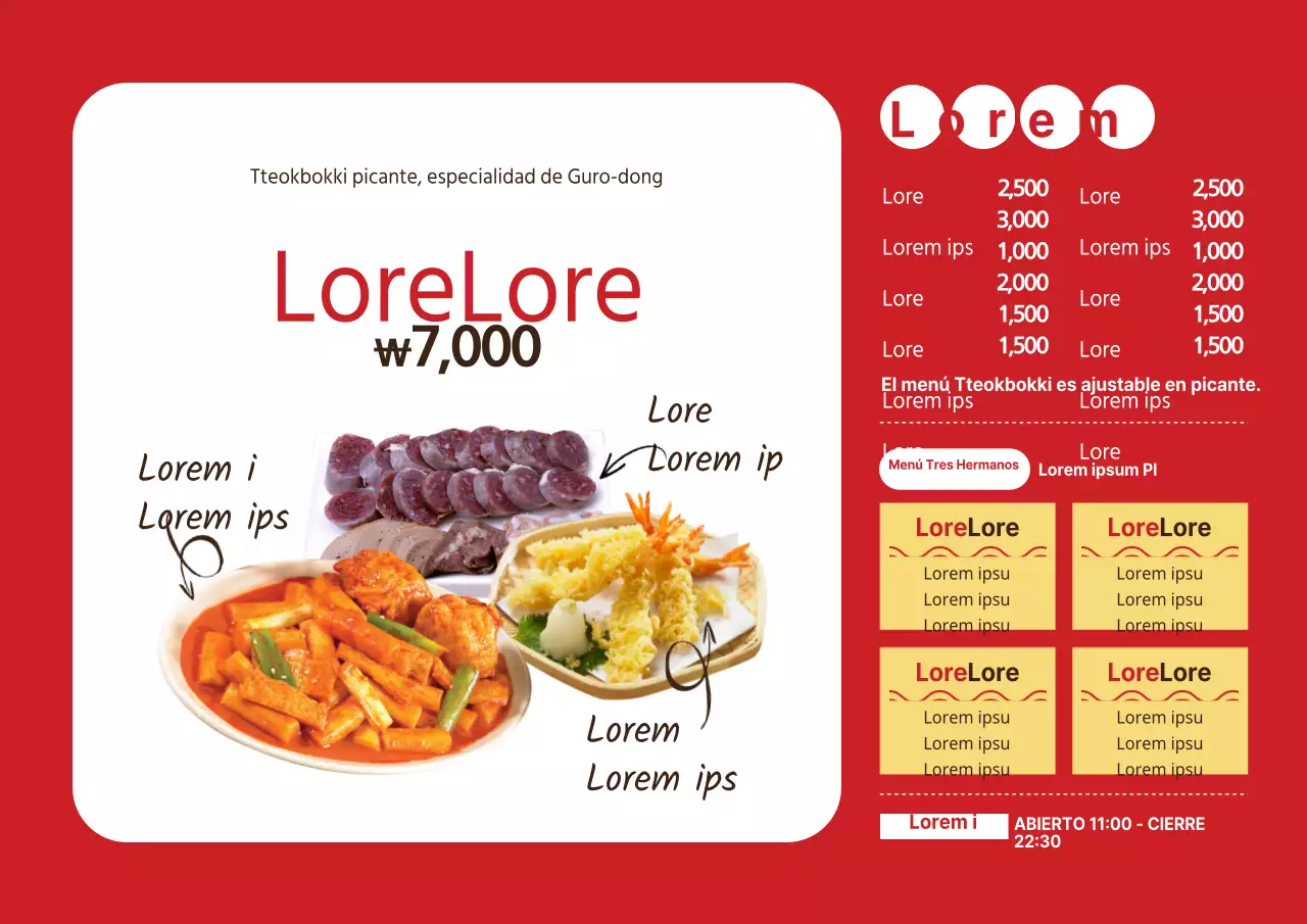 Menú de hamburguesas con una gran foto roja y blanca de una hamburguesa