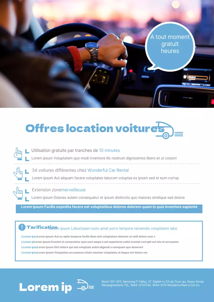 Informations et promotion propres sur la location de voiture avec une photo bleue du conducteur