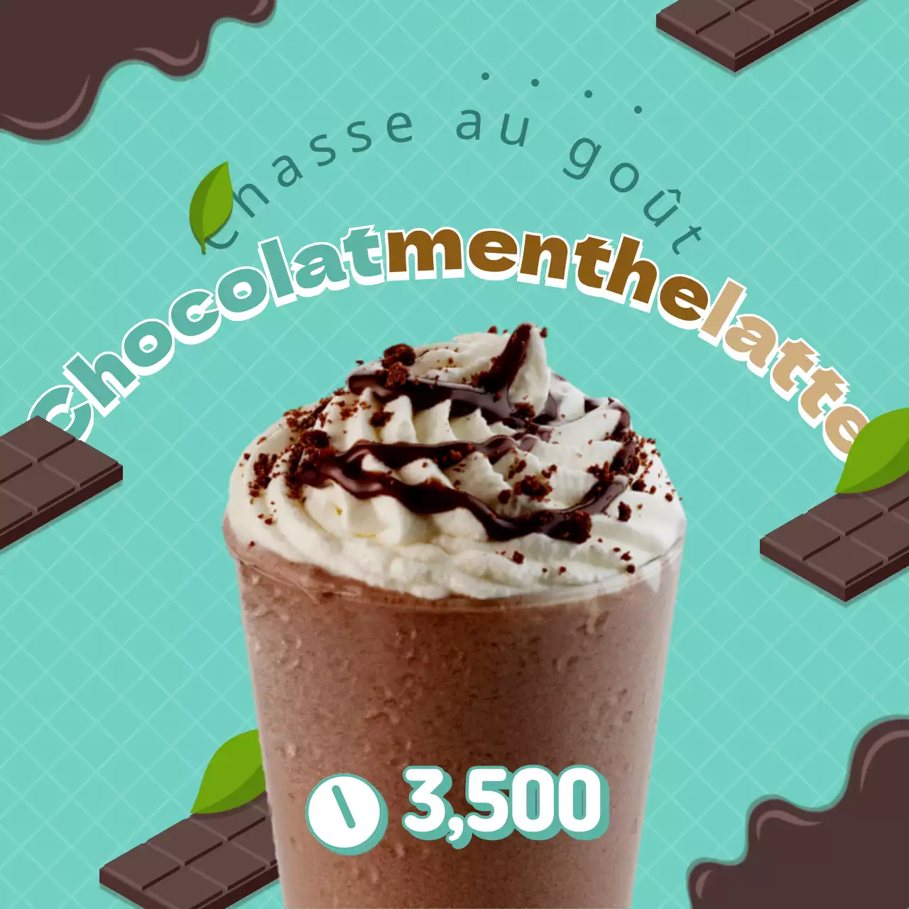 Menu de boissons au chocolat à la menthe avec des illustrations de chocolat à la menthe en arrière-plan