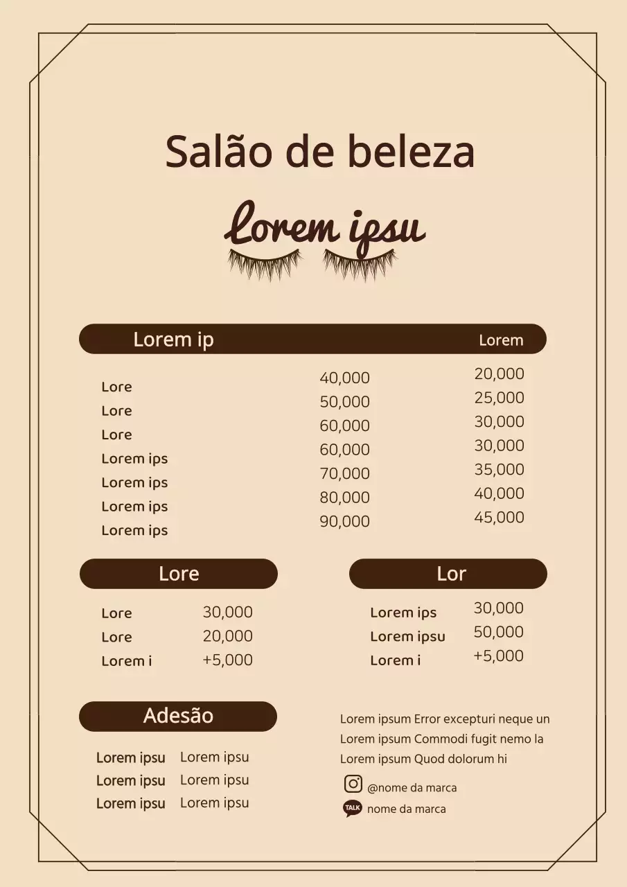 Menu de salão de beleza com ilustrações castanhas
